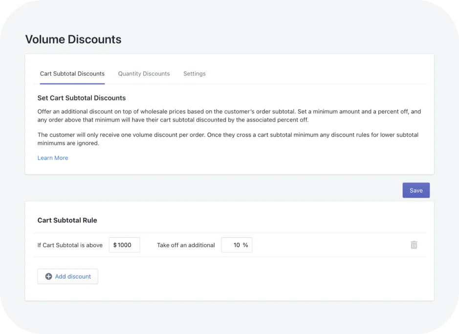 Screenshot of Wholesale Gorilla app demonstrating volume discount options in cart setting