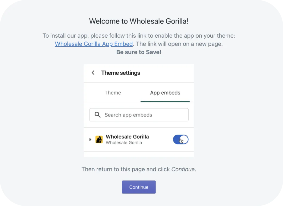 Screenshot of the ease of integration of the Wholesale Gorilla Shopify app with one button click