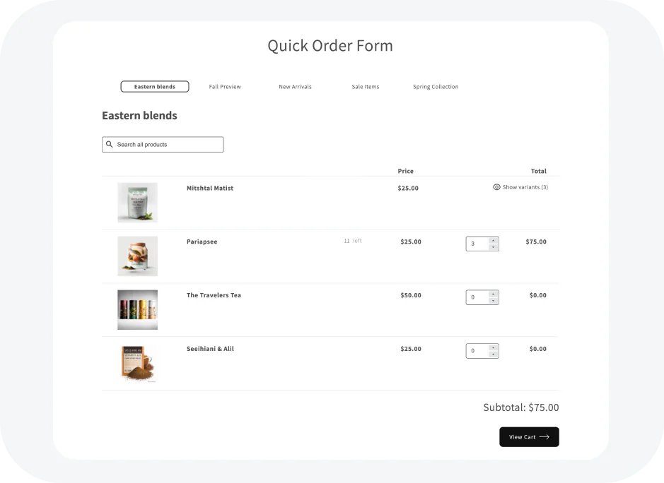 Image of a quick Order Form showcasing simplistic ordering process