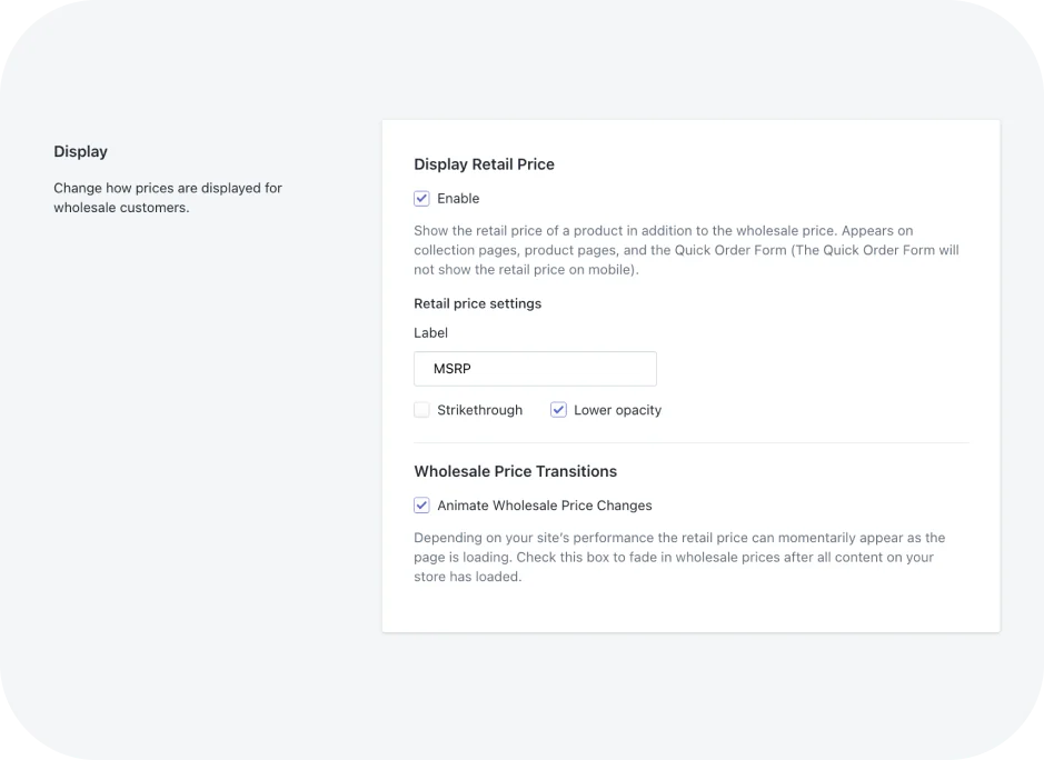Screenshot of setting option to display retail pricing with visual setting change ability