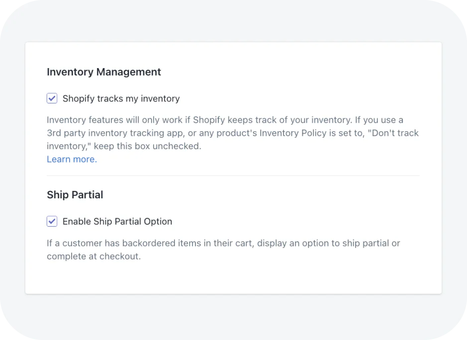 Screenshot of Wholesale Gorilla Shopify app displaying inventory management tracking and ship partial setting options