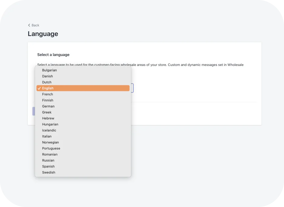 Screenshot of Wholesale Gorilla app setting to choose what language you'll use for your store.