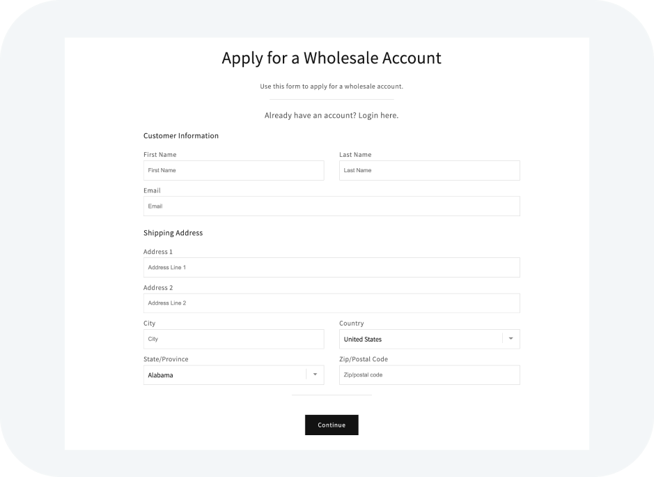 Screenshot of application for opening a Wholesale Account