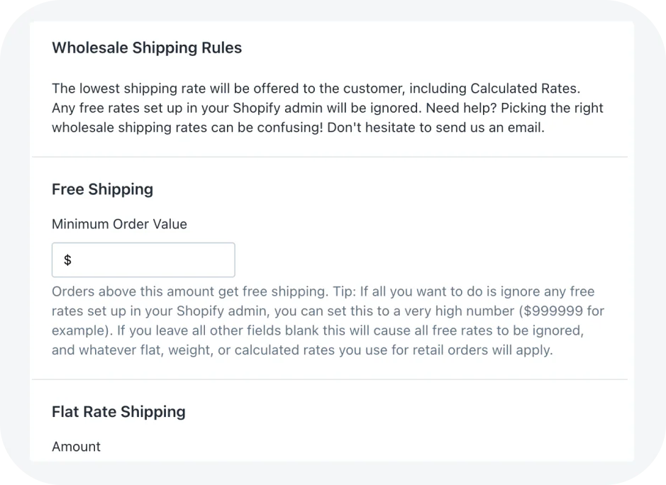 Screenshot of wholesale shipping rule settings with free shipping option on minimum orders and flat rate